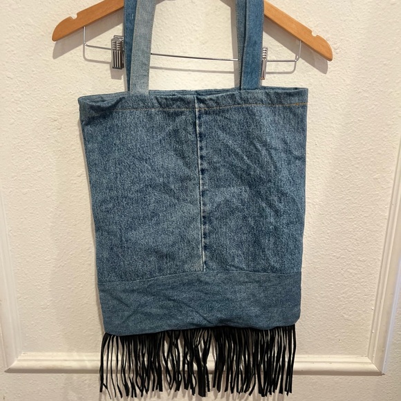 One x one tea spoon Denim Fringe Tote Bag - Picture 1 of 3